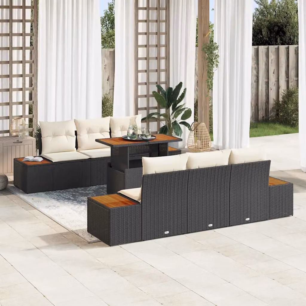 Set da pranzo da giardino vidaXL in rattan e legno di acacia con 7 pezzi, Nero e Beige – 1