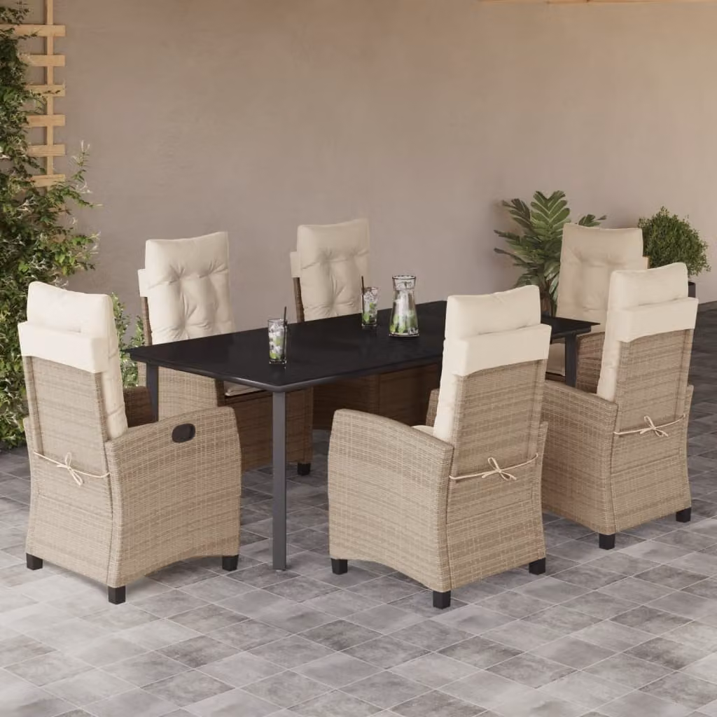Set da Pranzo da Giardino vidaXL 7 pz in Polyrattan con Cuscini Beige e Tavolo in Vetro