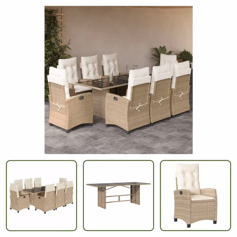 The Living Store Set da pranzo da giardino 9 pezzi con cuscini Beige poly rattan