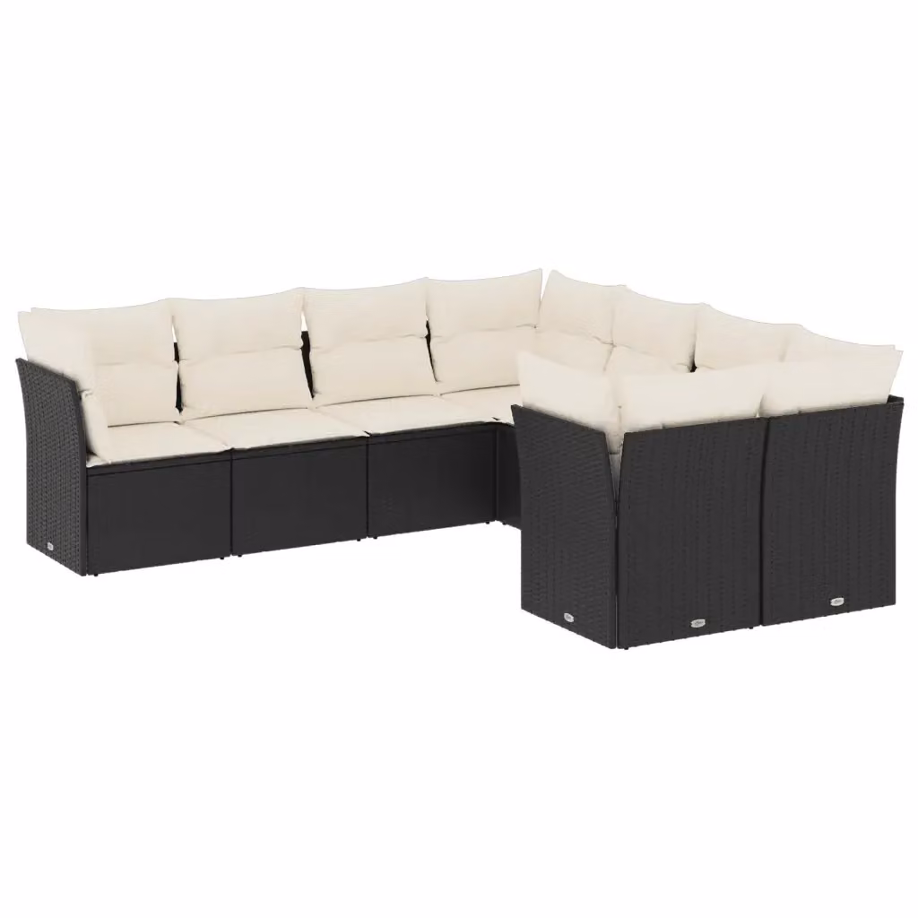 Set di divani da giardino vidaXL a forma di L con 8 pezzi, in polyrattan nero e cuscini bianchi con coperture rimovibili – 2