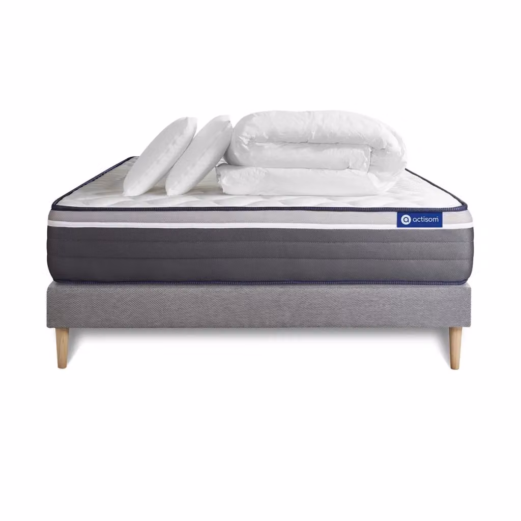 Set letto completo Actisom Actiflex Plus con materasso ibrido a molle pocket, box spring imbottito, 2 cuscini e piumino, colore grigio, L/P: 200 x 200 cm – 2