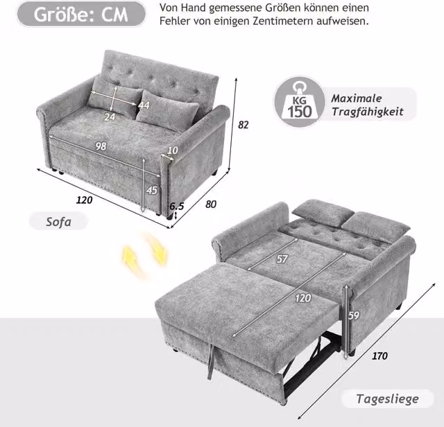 Divano letto 2 posti ¨C Minimal ¨C tessuto chenille beige con 2 cuscini