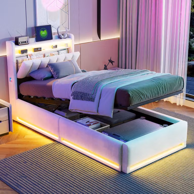 Letto singolo UnboxG 90x200 cm in velluto con cassettiera a sollevamento idraulico, testiera con spazio contenitore, illuminazione LED RGB, porta USB e porta Type-C, color beige