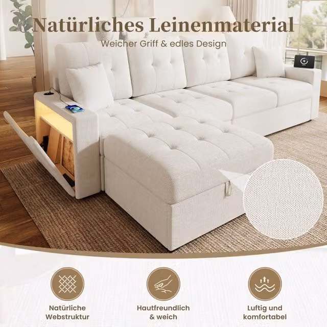 Divano angolare con poggiapiedi contenitore ¨C Minimal ¨C velluto grigio, braccioli con vano portaoggetti e luci LED