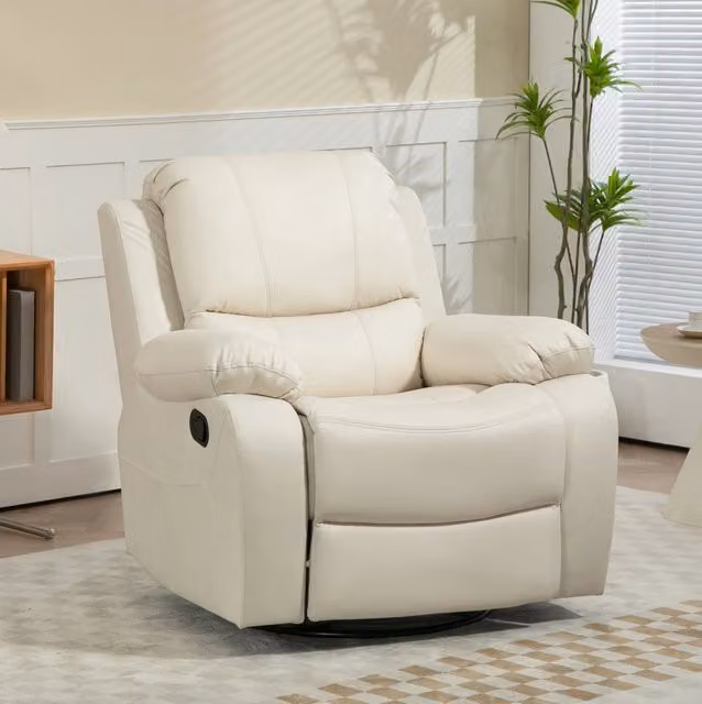 Poltrona relax reclinabile ULEVR con poggiapiedi, girevole e a dondolo, poliestere bianco crema