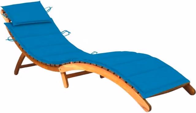 Lettino prendisole da esterno Outsunny in legno di acacia con cuscino blu e marrone per giardino e terrazzo