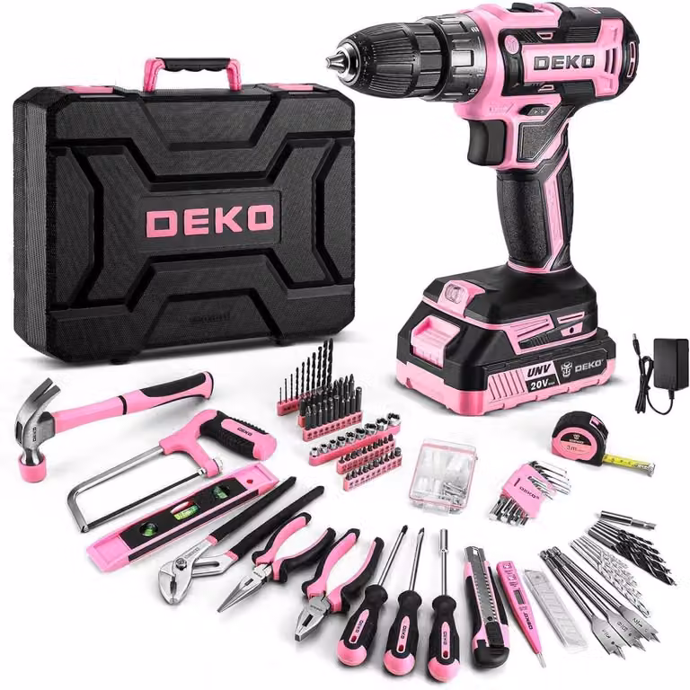 Kit di attrezzi da 186 pezzi con avvitatore a batteria da 20V, colore rosa