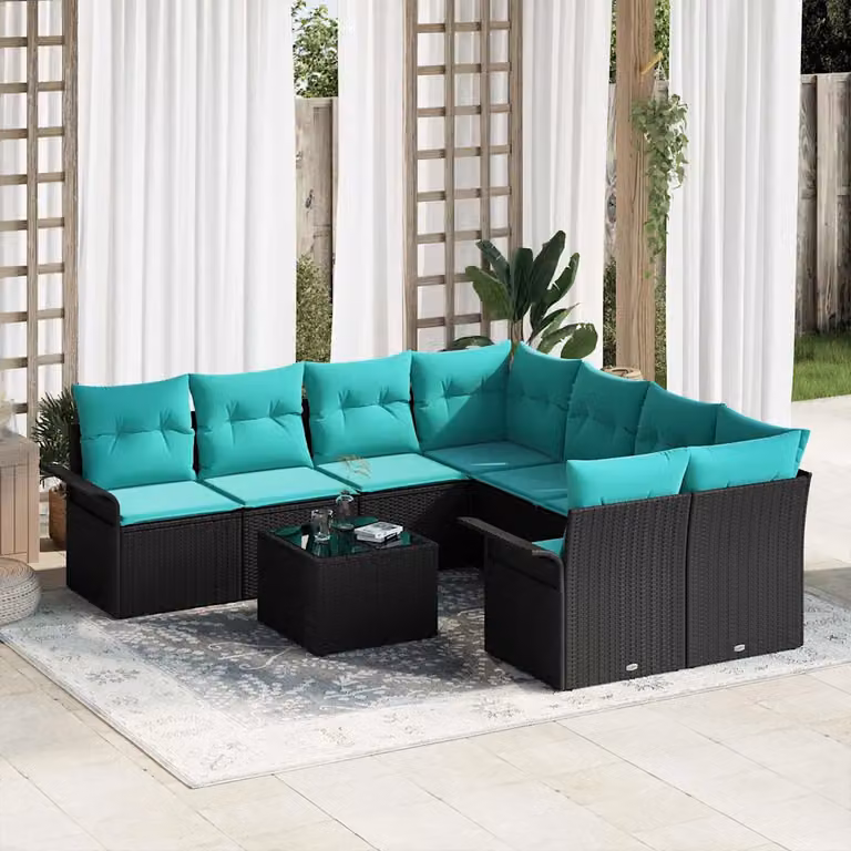 Set Divano da Giardino vidaXL 9 Pezzi a Forma di U con Tavolino e Ottoman, Colore Nero e Turchese, Struttura in Metallo e Polyrattan con Cuscini Inclusi