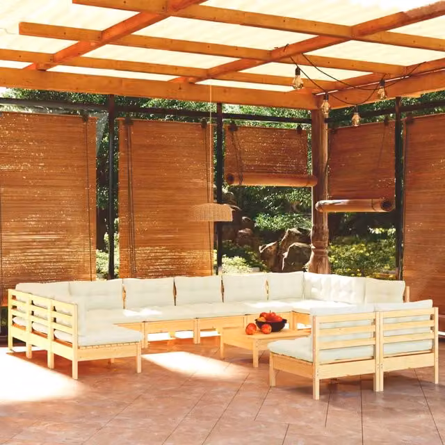 Set di divani da giardino vidaXL a forma di U in legno massello di pino con cuscini beige composto da 13 pezzi