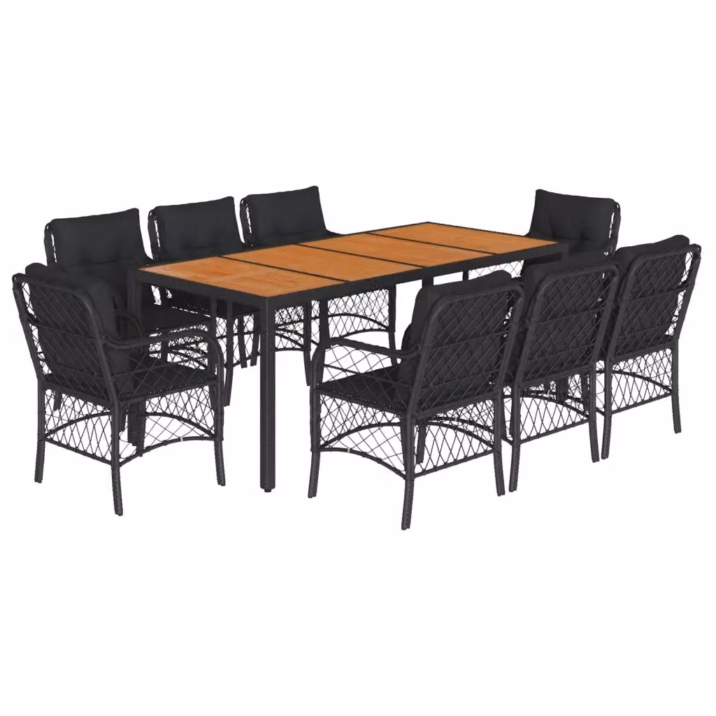Set da Pranzo da Giardino vidaXL in Polyrattan e Legno di Acacia Nero con 9 Pezzi e Cuscini – 2