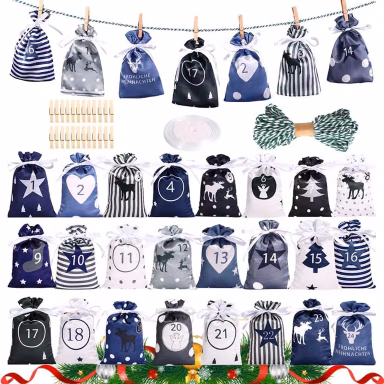 Sacchetti in tessuto per calendari dell'Avvento - 12 x 21 cm - Calendario dell'Avvento grande, da riempire - Calendario di Natale 2024 - Da realizzare in casa