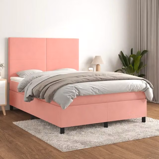 Letto con Giroletto a Molle e Materasso Ibrido vidaXL in Velluto Rosa e Bianco L/P/H: 203 x 144 x 128 cm