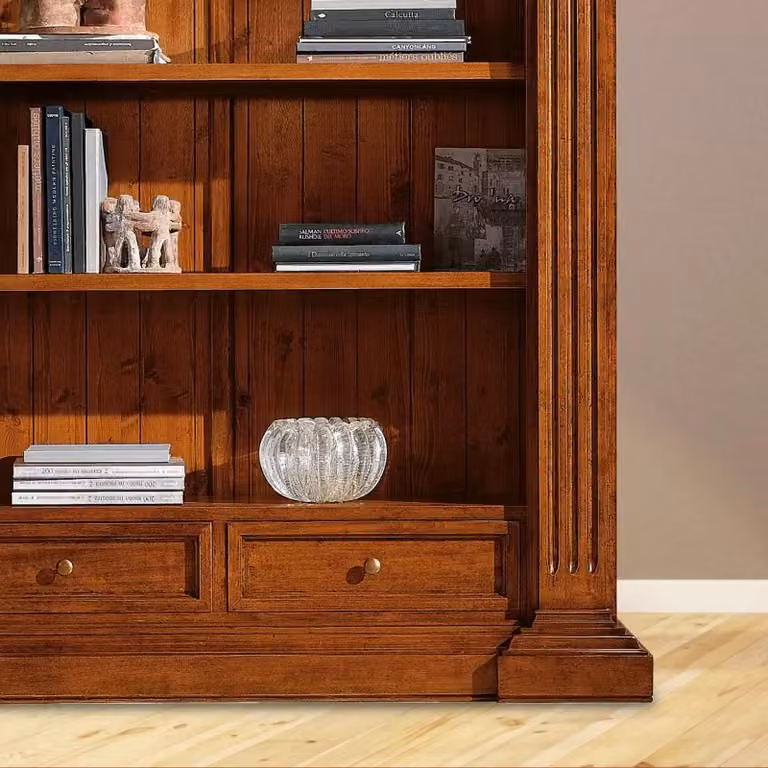 Libreria Mobili 2G in legno massello con 2 cassetti e ripiani regolabili, colore noce, L: 154 cm, P: 49 cm, H: 211 cm