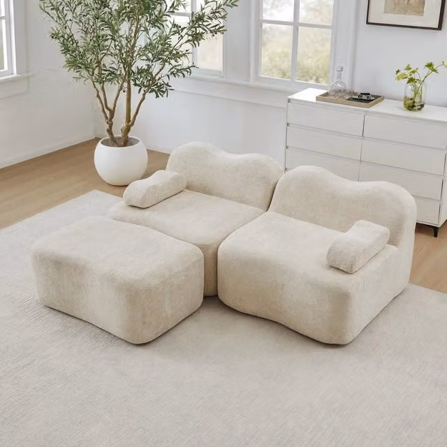Divano Modulare Angolare 2 Posti con Pouf ¨C Xylo ¨C Beige, Braccioli Mobili
