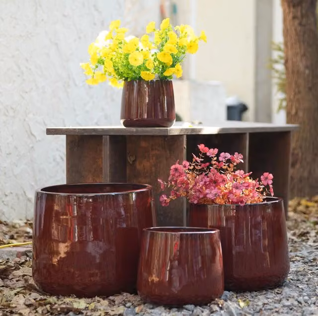 Set 4 vasi per piante ULEVR in ceramica rosso lucido ?33/26/20/15 cm con foro di drenaggio
