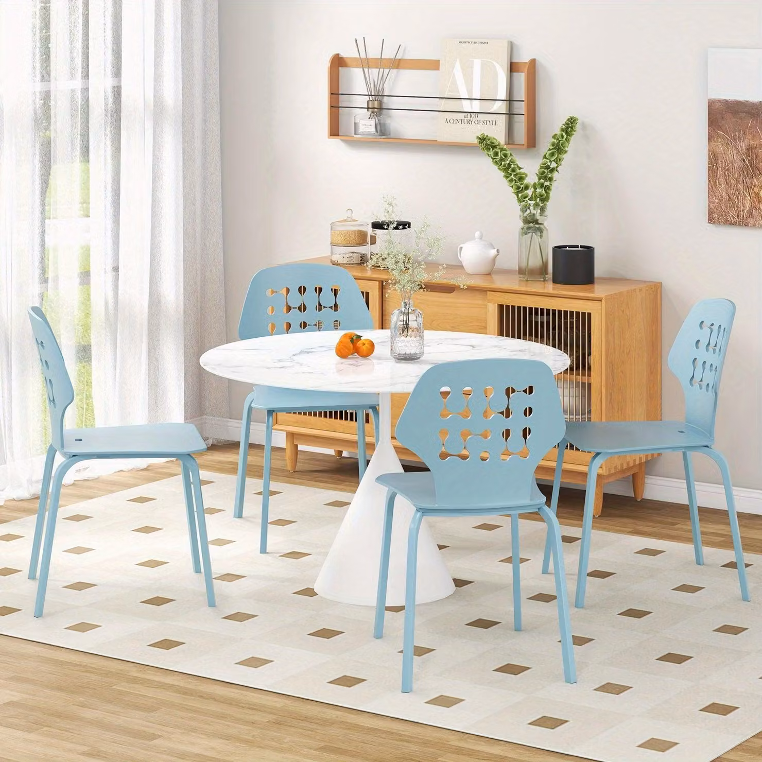 Set di 4 moderne sedie da pranzo con schienale in tessuto intrecciato e gambe in metallo, comode sedie per la cucina, colore blu