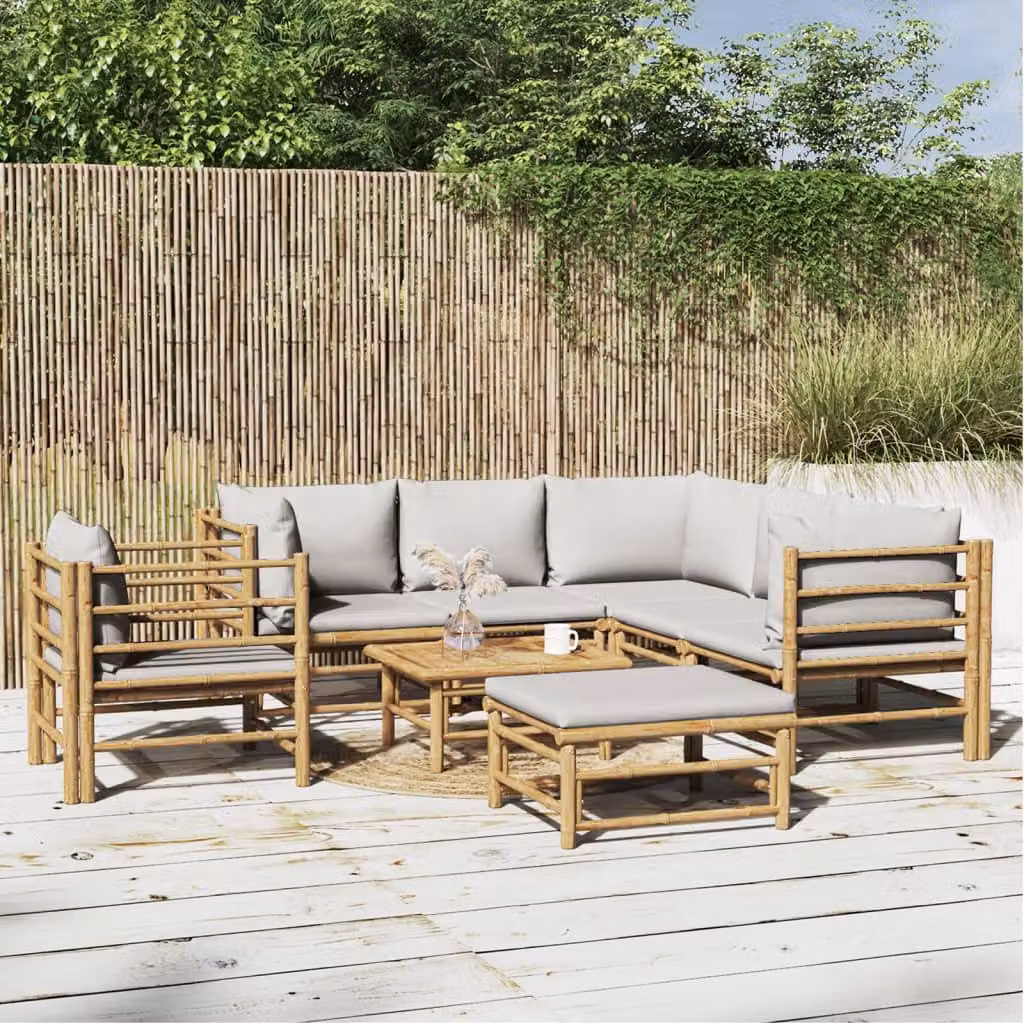 Set Salotto da Giardino vidaXL in Legno di Bambù Trattato con 8 Pezzi e Cuscini Grigio Chiaro