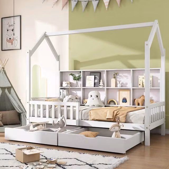 Letto casetta per bambini 90×200 cm con 2 cassetti, mensole e barriera di sicurezza, senza materasso, bianco