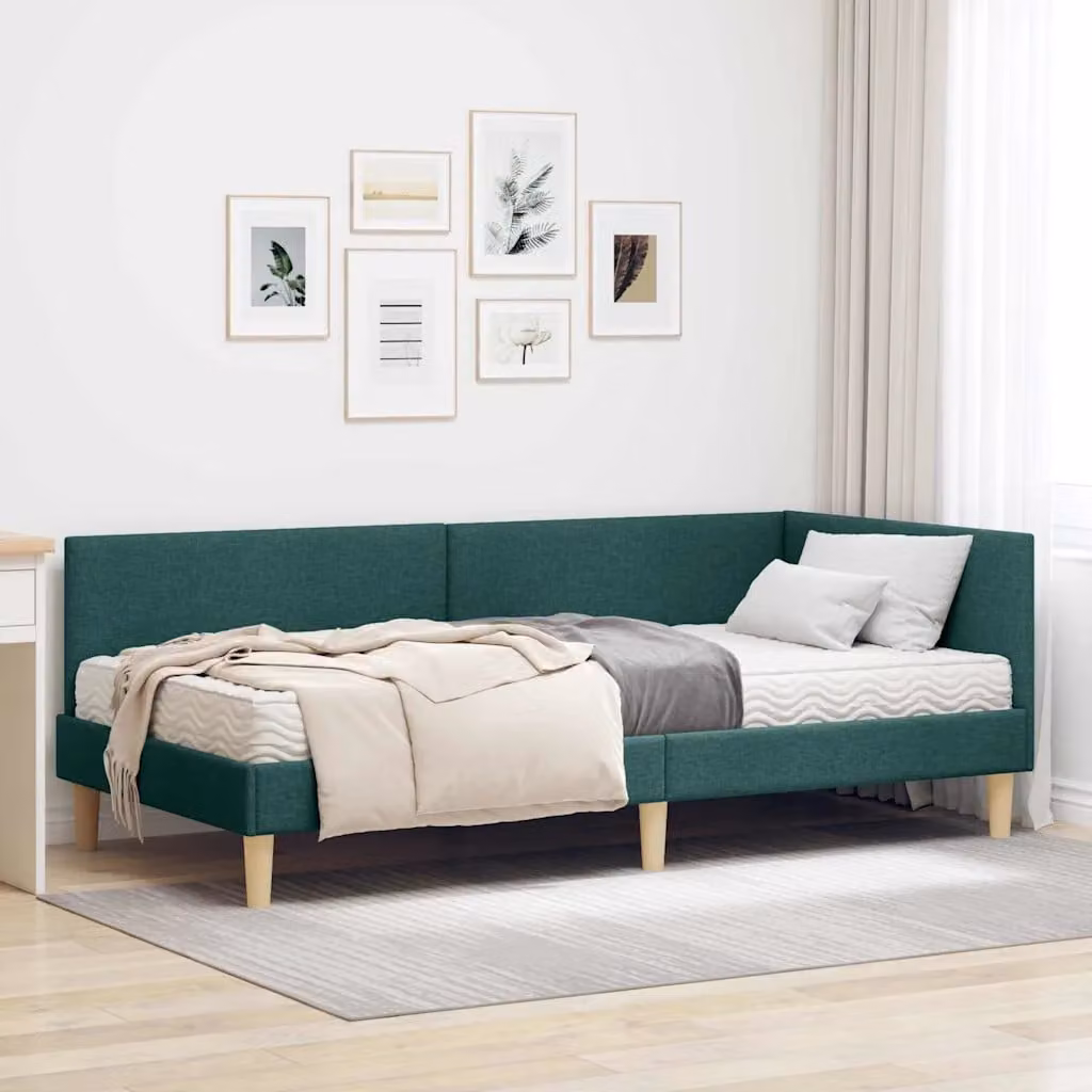 vidaXL Struttura Letto Angolare con 2 Materassi in Tessuto Verde, L/P/H: 200 x 104 x 72 cm – 1