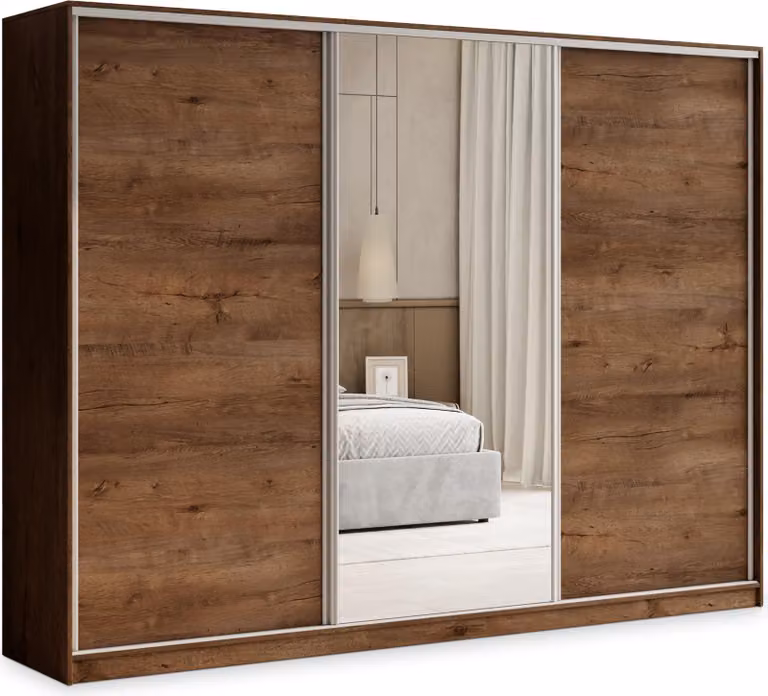 Armadio scorrevole Masseno TARI 250/205/58 cm Armadio con 4 cassetti Armadio per camera da letto a 3 ante con specchio Rovere Lefkas