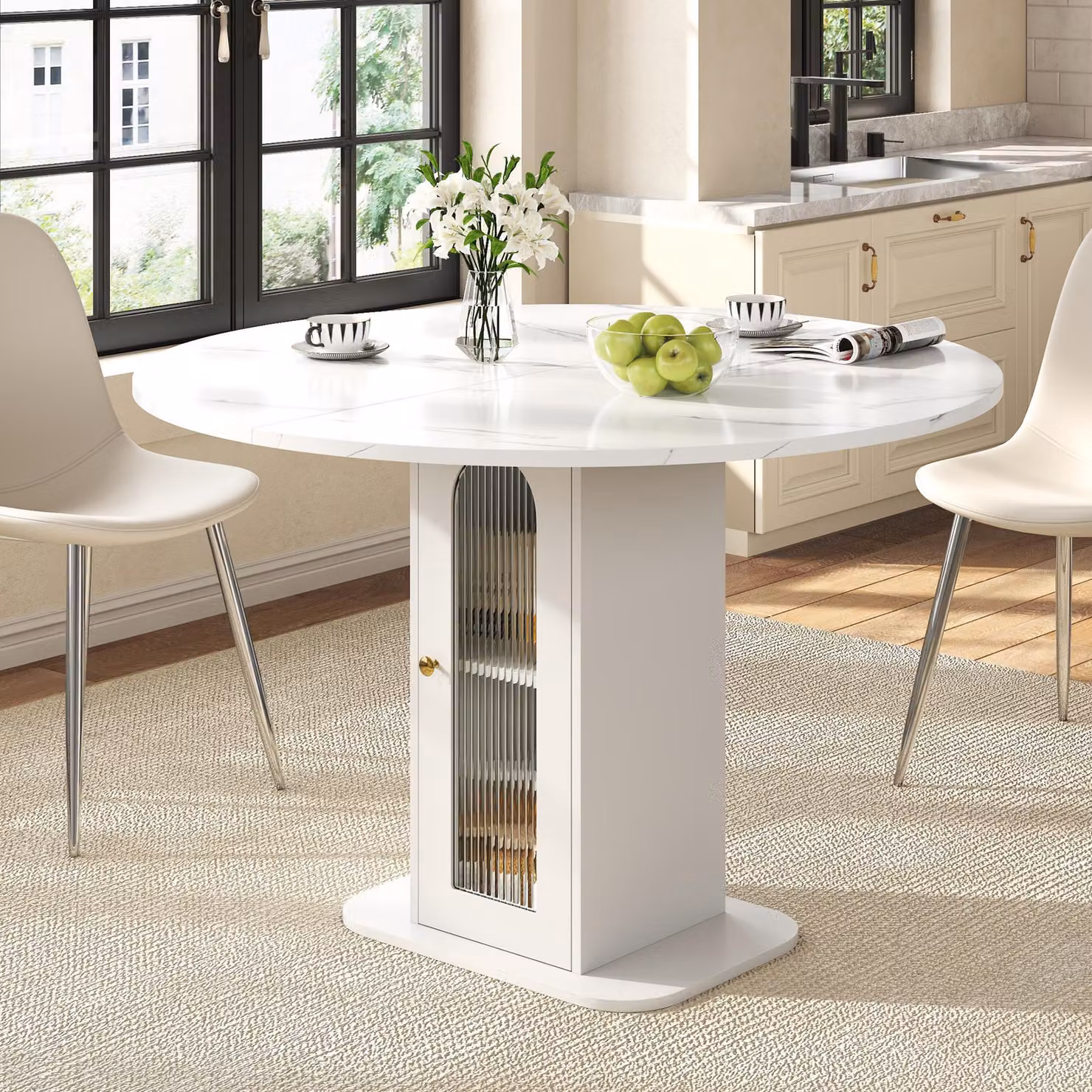 Merax: tavolo da pranzo rotondo con vano portaoggetti, tavolo da cucina 80x80 cm con ante in vetro rigato e ripiano, tavolino da pranzo in stile marmo per 2-4 persone, bianco