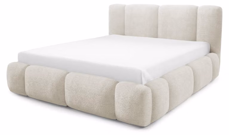 Letto imbottito con contenitore, rivestito in velluto color beige, dimensioni 180 x 200 cm