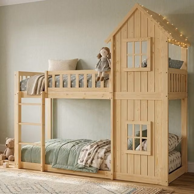 Letto a castello per bambini REDOM in legno di pino e MDF con struttura a casetta e scala, colore beige e marrone, L/P/H: 90 x 200 cm