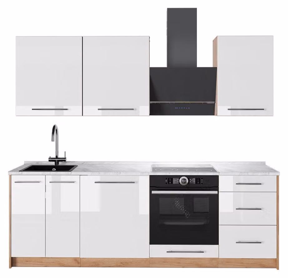 Cucina componibile Vicco Fame-Line Bianco lucido/Rovere dorato 230 cm, PL Marmo, Model 63999