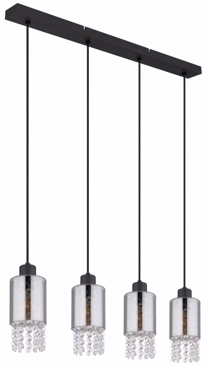 Globo Lighting lampada a sospensione metallo nero opaco, vetro color fumo, cristalli di vetro trasparenti, cavo PVC nero, LxPxH: 730x100x1200mm, escl. 4x E27 40W 230V