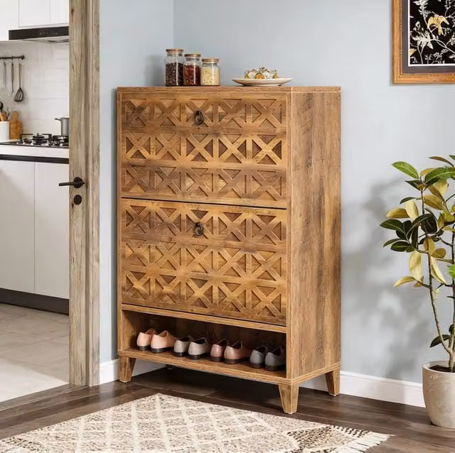 Armadio Porta Scarpe con 2 Cassetti e Ripiano Aperto, Legno MDF, 80x24x110 cm, Marrone Rustico