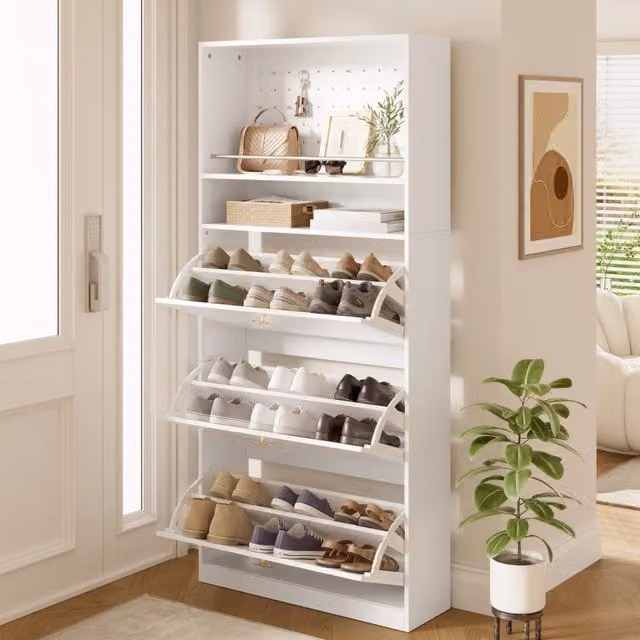 Scarpiera moderna REDOM bianca con dettagli oro in legno e MDF, L: 80 cm, P: 24 cm, H: 178,5 cm
