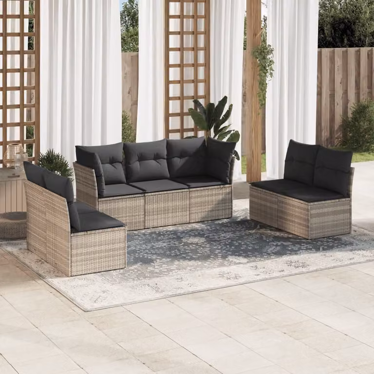 vidaXL Set Divani da Giardino 7pz a Forma di L in Polyrattan Grigio con Cuscini Imbottiti e Rivestimenti Rimovibili