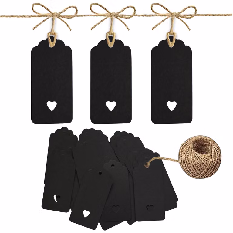 100 etichette in carta kraft nera, dimensioni 9,5x4,5 cm, con cordoncino di iuta
