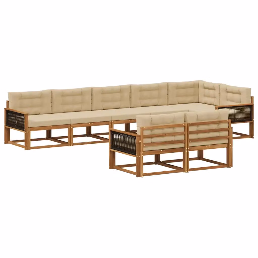 Set di divani da esterno a forma di U vidaXL in legno di acacia con cuscini beige e marrone, composto da 8 pezzi con pouf e elementi angolari – 2