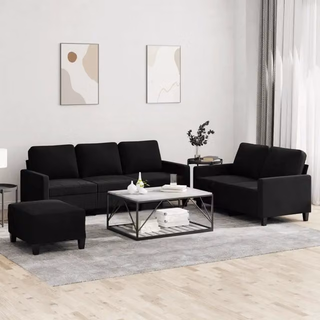 Set di divani moderno vidaXL in velluto nero composto da divano a 3 posti, divano a 2 posti e pouf con cuscini inclusi – 1
