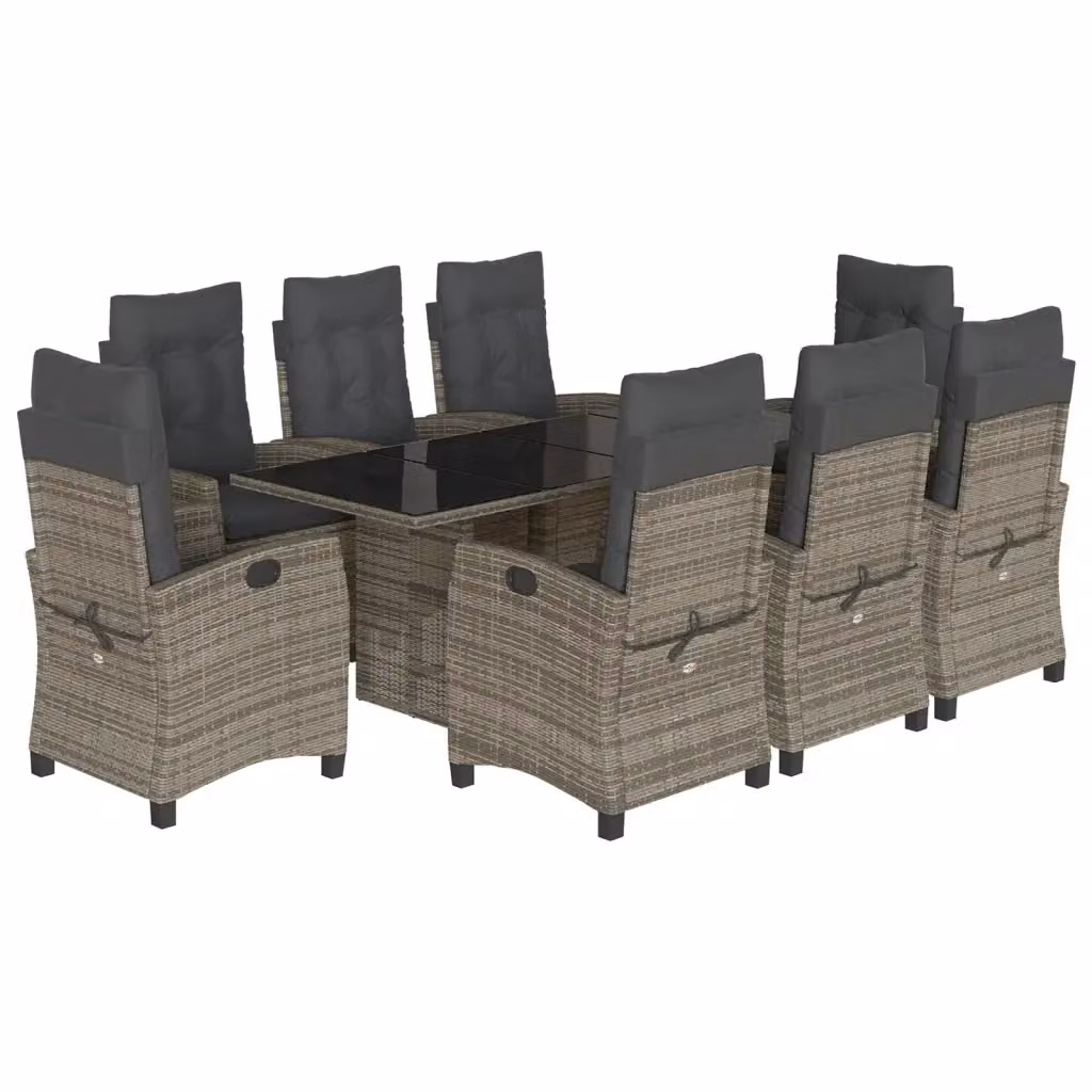 Set da pranzo da giardino vidaXL in polyrattan grigio con cuscini e piano in vetro, 9 pezzi – 2