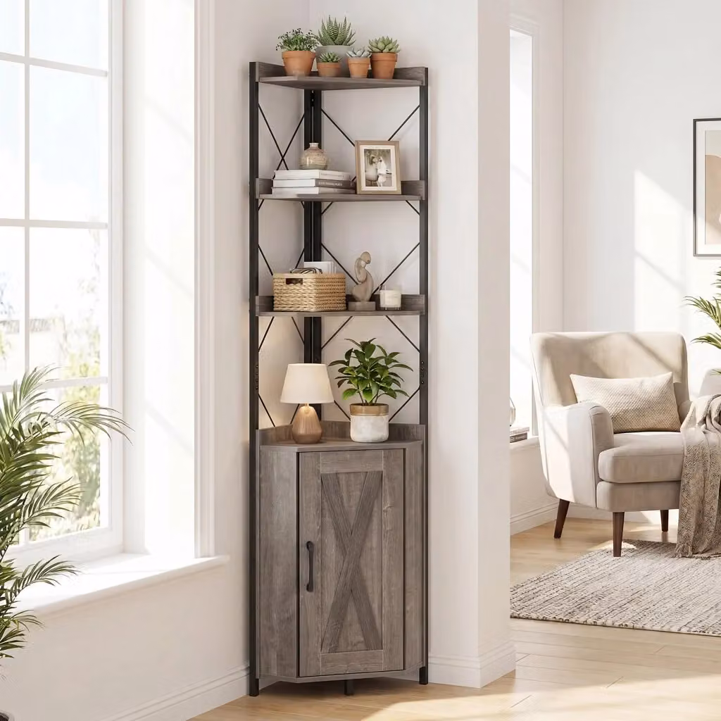 Mensola ad angolo con spazio di archiviazione in stile industrial, Grigio, H: 180,34 cm x L: 38,1 cm x P: 38,1 cm – 2