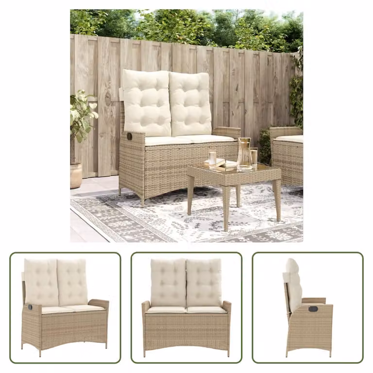 The Living Store Panca da giardino regolabile con cuscino Beige Poly Rattan