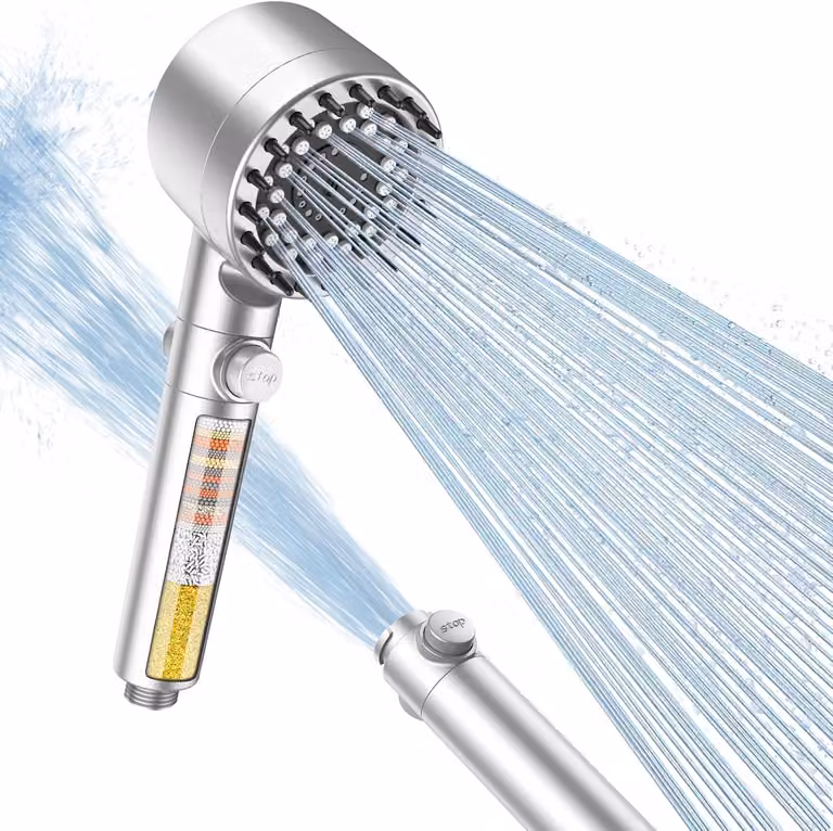 Doccia, filtro anticalcare a 15 strati, 3 tipi di getto, risparmio idrico, finitura argento per bagno
