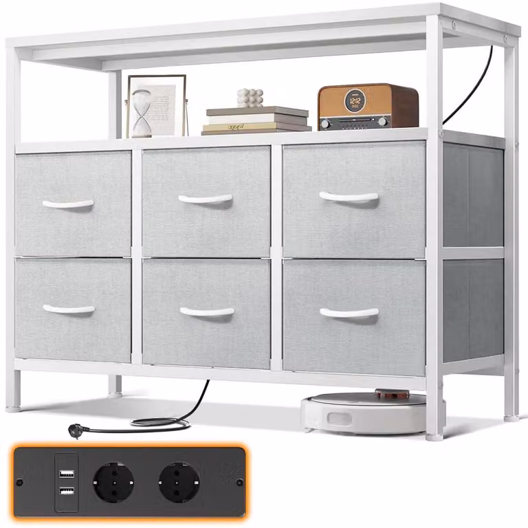 Comodino con 6 cassetti rivestiti in tessuto, 2 prese di corrente, 2 porte USB, dimensioni 100x30x85,2 cm, colore bianco