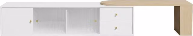 Mobile TV bianco e legno con illuminazione LED RGB, 2 cassetti, 2 ante scorrevoli in vetro, 175×40×35,5 cm, design allungabile