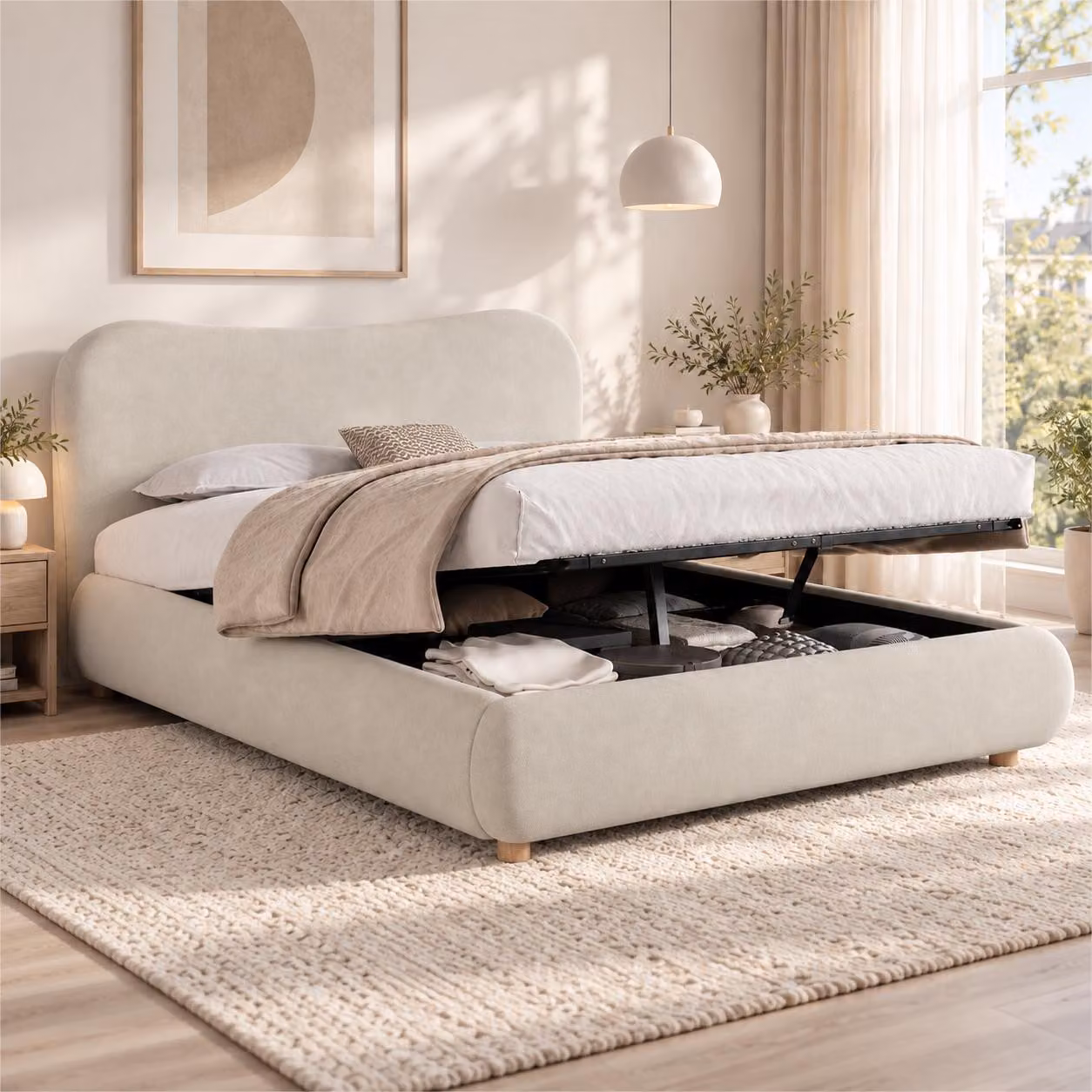 Letto imbottito 180x200 cm con spazio contenitore a sollevamento idraulico, rete a doghe e testiera imbottita da 10,5 cm, rivestito in velluto, con gambe in legno massello, colore crema
