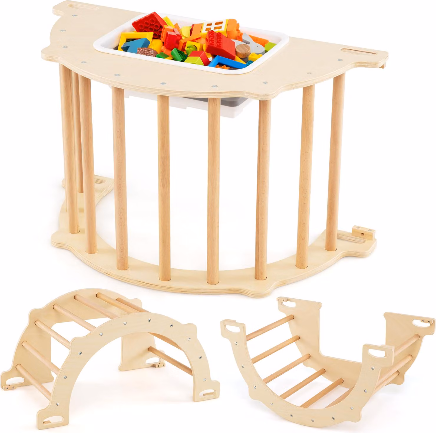 Arco da arrampicata COSTWAY, struttura da arrampicata per interni 8 in 1 con contenitore, parco giochi per bambini per arrampicata, altalene, giochi d'acqua/sabbia per bambini 3+S