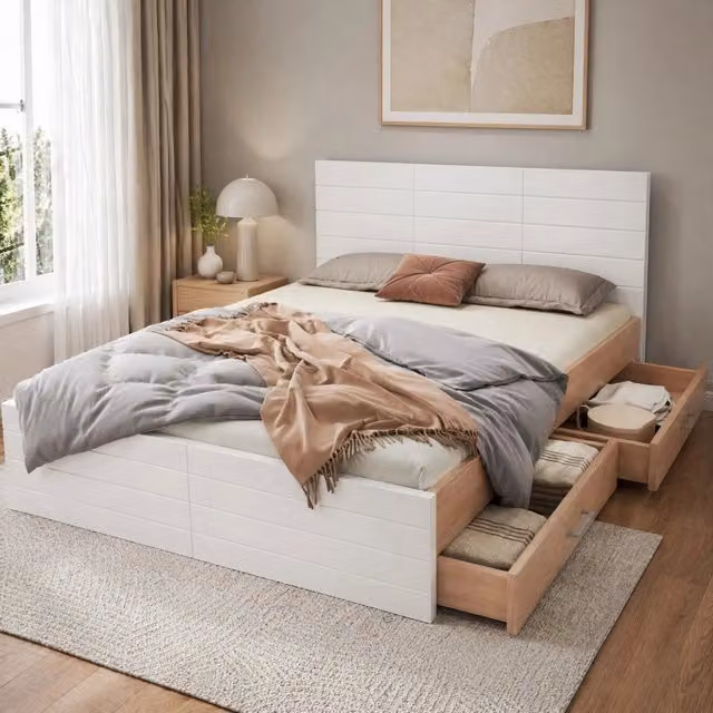 Letto con 2 cassetti 140 × 200 cm in legno massello e MDF; bianco e rovere chiaro