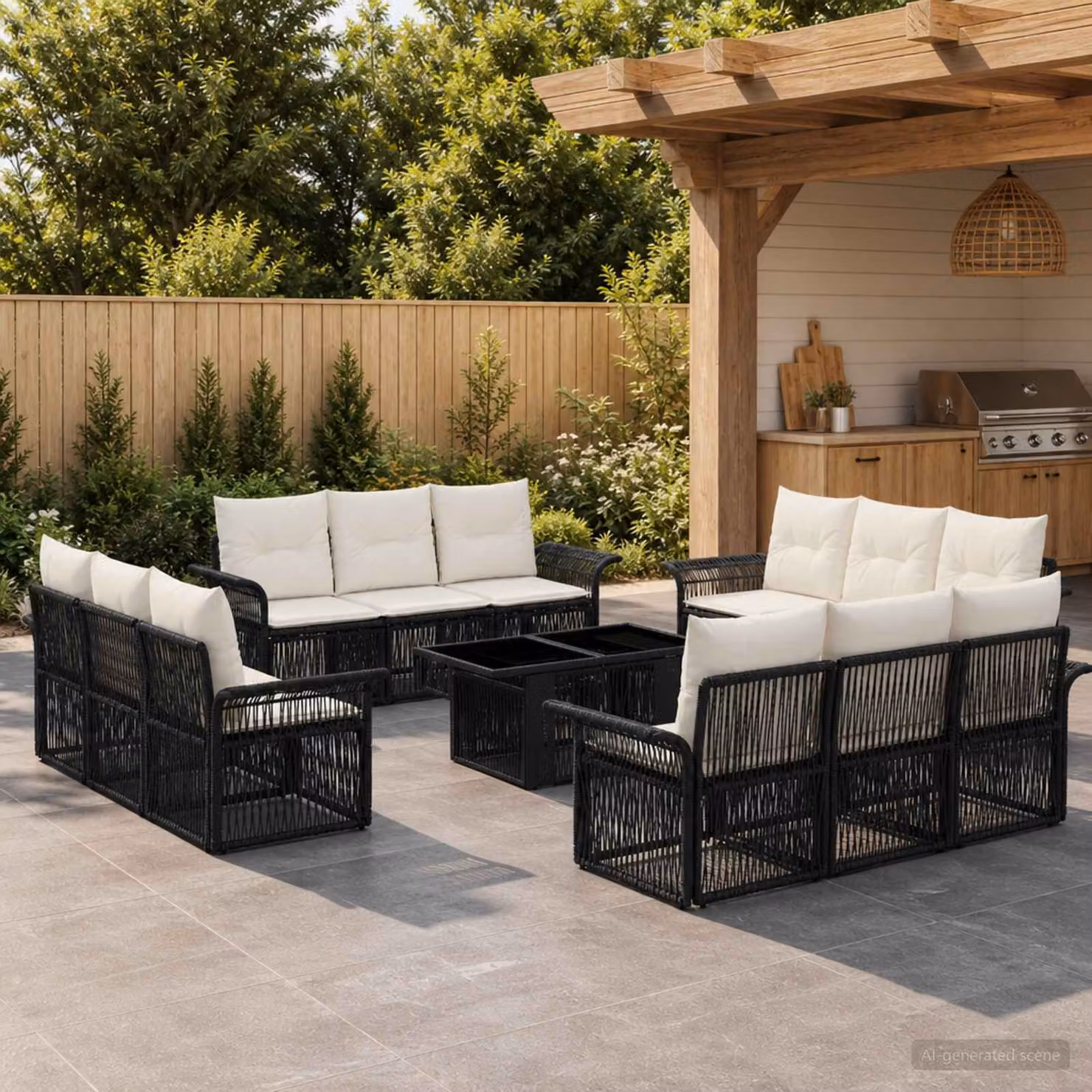 Set Divano da Giardino vidaXL 13 pz a Forma a U in Polyrattan con Cuscini, Nero, Bianco e Beige
