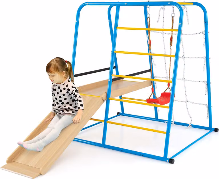 Struttura per arrampicata indoor COSTWAY, altalena 6 in 1, scivolo, palo per arrampicata, scala per arrampicata e parete di corda, parco giochi in metallo per bambini dai 3 anni in su