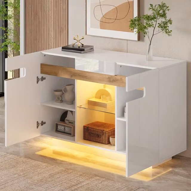Credenza moderna WISHDOR con illuminazione LED integrata e finitura lucida, colore bianco, L: 120 cm, P: 40 cm, H: 80 cm