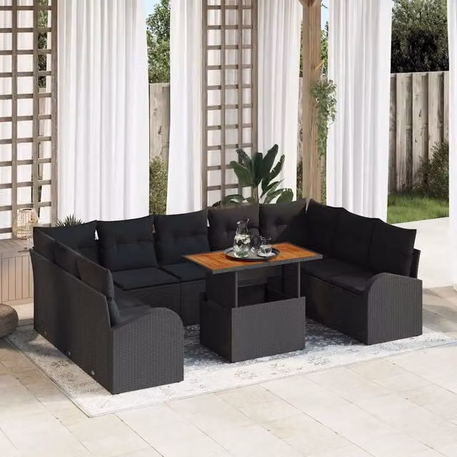 Set Divano da Giardino 10 pz Nero Poly Rattan 3358368