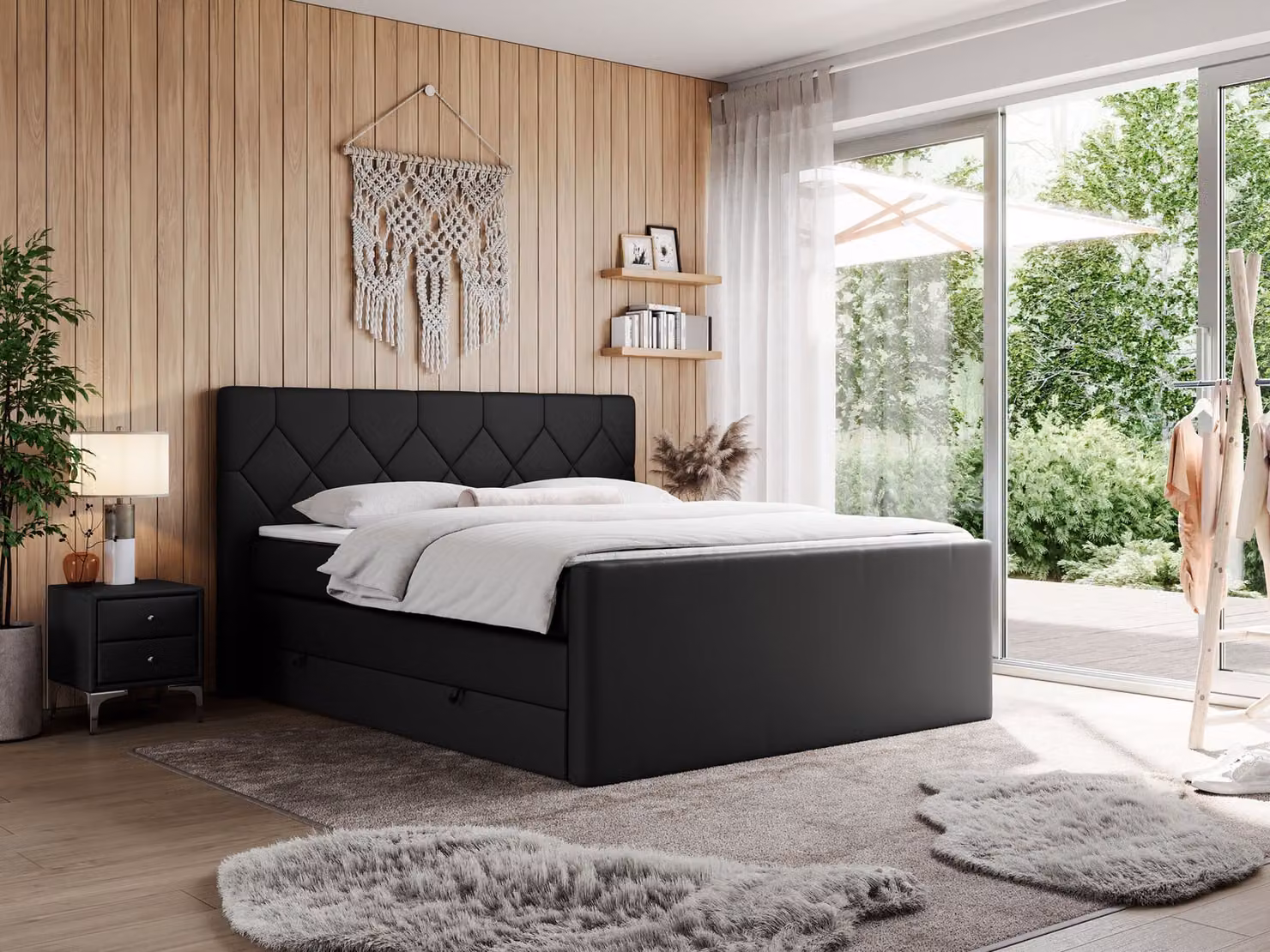 Letto boxspring con materasso matrimoniale, due cassetti portaoggetti, coprimaterasso, per camera da letto - KING EIGAR - 200x200 cm - Nero - H3