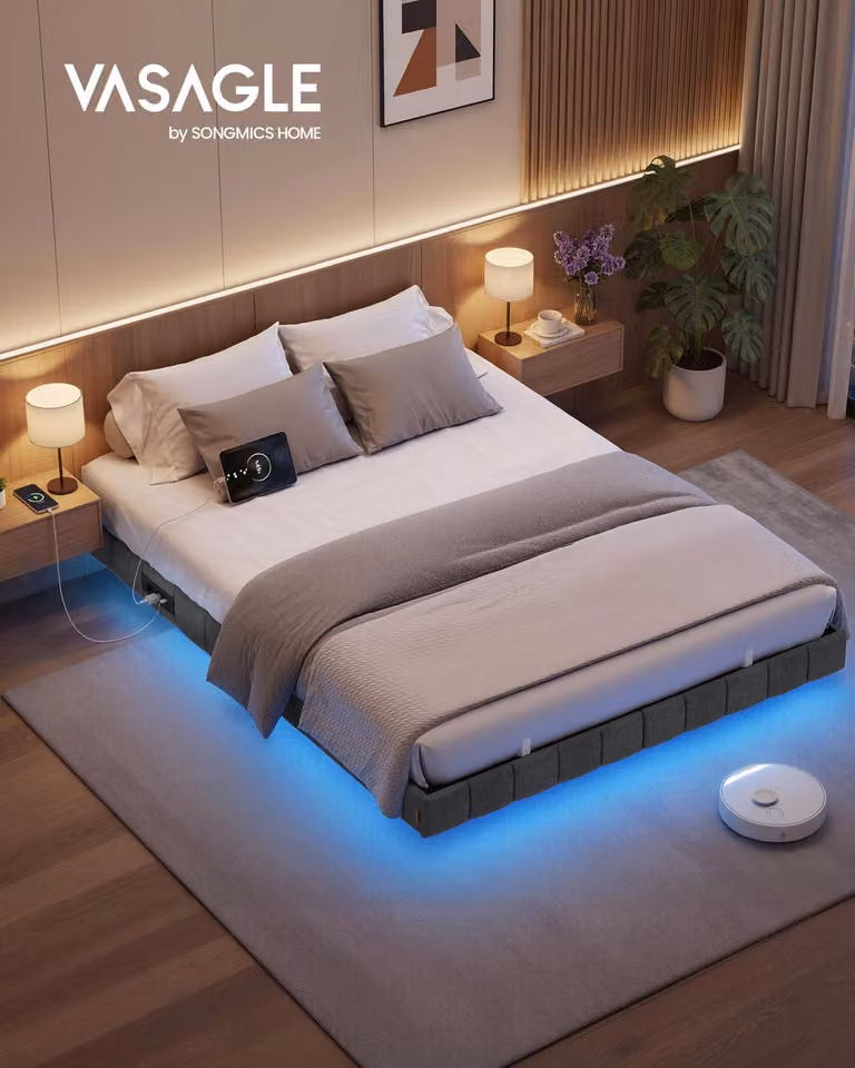VASAGLE Struttura letto 140 x 200 cm, con illuminazione a LED, rete, effetto sospeso, presa multipla, grigio